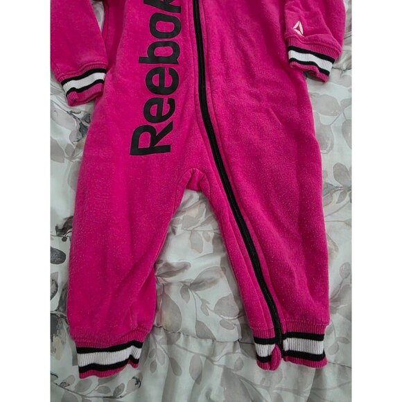 REEBOK Girls Sz 12 Months Fuchsia Hooded Soft Fleece Lined 1 Pc Romper Outfit - Picture 3 of 6